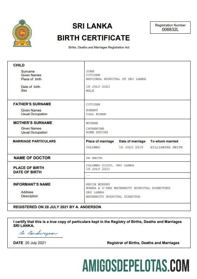 Para baixar modelo Word e PDF de certidão de nascimento de registro vital do Sri Lanka